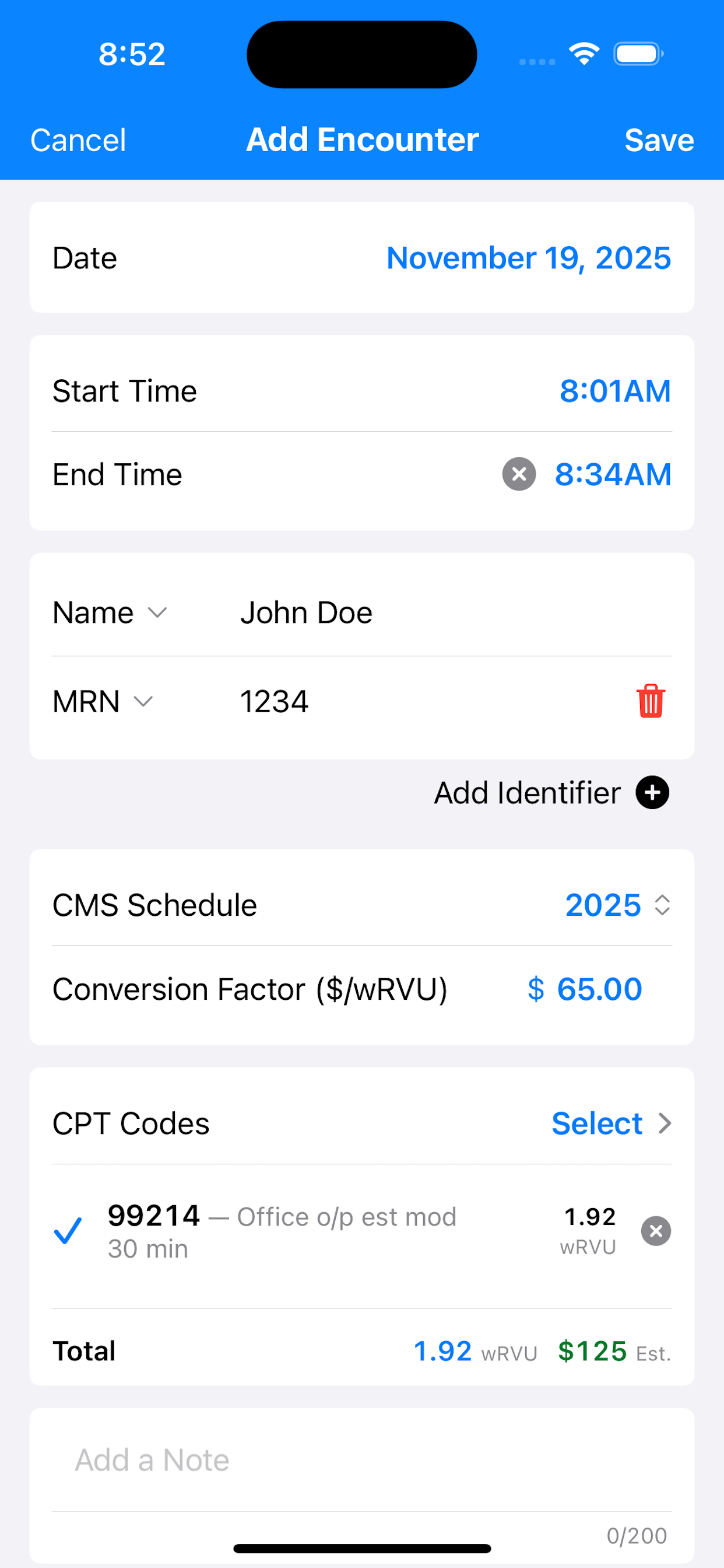Instant wRVU Logging Screen